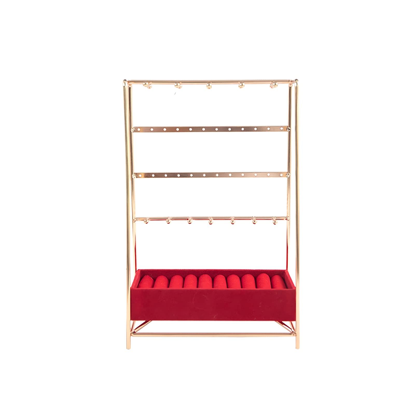 GAROEN Jewelry Display Stand Jewelry Stand, 4 Tier Earring Organizer Holder, Necklaces Hooks Storage Hanger Display with Red/White Tray for Rings