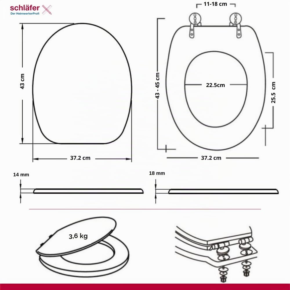 Schläfer - Copriwater Universale bianco in Legno Mdf 43x37, Tavoletta Wc Weser 4638101 con Cerniere Regolabili in metallo, Forma Ovale, Seduta Comoda