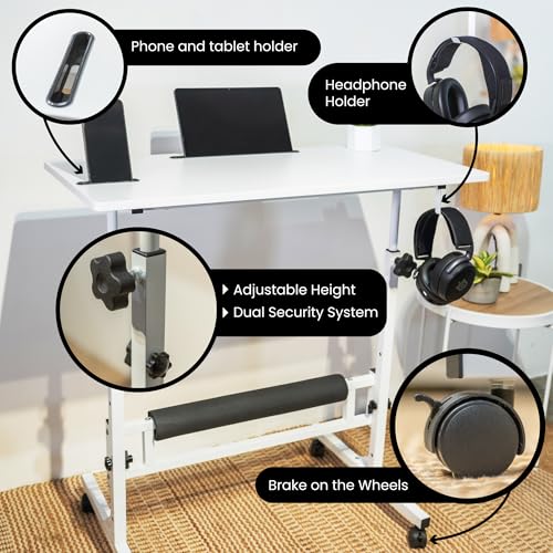 Image of Small Rolling Desk with Wheels, Adjustable Height 27 inch-43.3 inch Portable Standing Desk, 31.5 inchx15.7 inch Tabletop, Mobile Laptop Computer Table for Home Office Workstation, White
