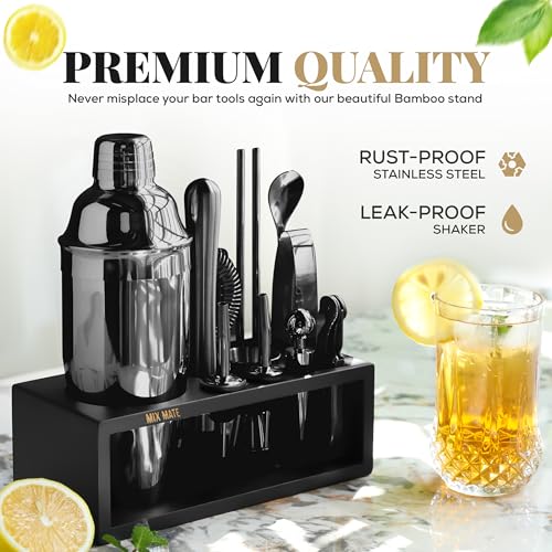 Image of Black Stainless Steel Cocktail Shaker Set with Wood Stand - 15 Piece Bartender Kit with Drink Shaker, Bar Spoon, Jigger, Muddler, Strainer, Bottle Opener, Stopper, Pour Spout, Stirrers, Tongs, Recipes