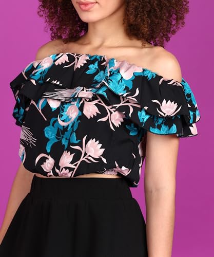 Image of POPWINGS Casual Off-Shoulder Crop Top for Women| Printed Crop Top for Women | Off-Shoulder Crop Top for Women Stylish | Women Tops Stylish