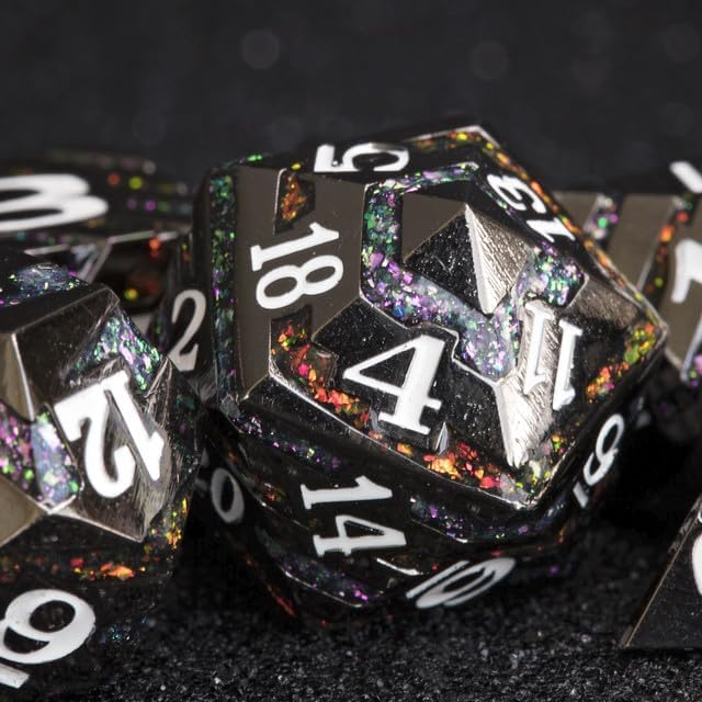 Sage's Portal Dimension Stones Metal DND Dice 7 Piece Polyhedral Dice Set for DND TTRPG Dungeons and Dragons Pathfinder Oversized Designer Dice (Gloss Black/Rainbow)