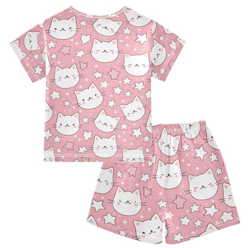 ALAZA Cute Animal Cat Kitten Star Pajamas Set Short Sleeve Cotton Sleepwear Summer Pjs 2 Piece 5-14Y2