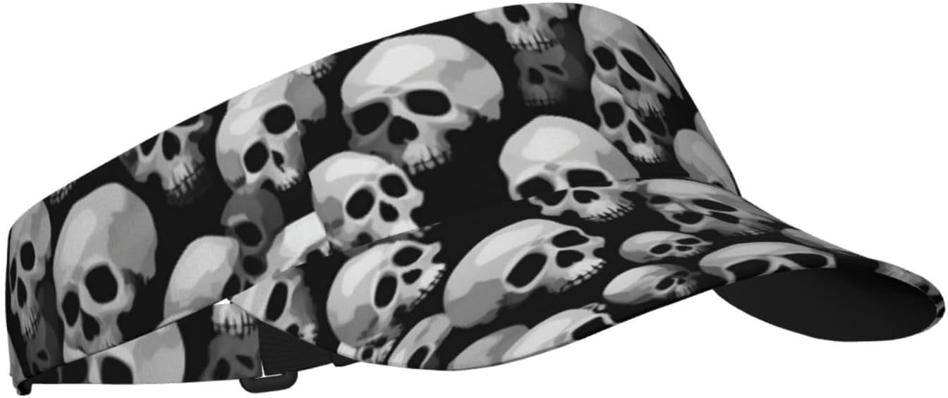 Skull Print Sun Visor Hats for Women Men Adjustable Sports Golf Running Sun Caps Black