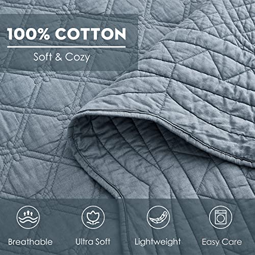 Chixin Oversized Cotton Bedspread Queen Size - Real Stitching - Luxury Quilted Bedding Cover For All Season, Reversible, Ultra Soft, Lightweight, 3 Piece, Smokey Blue #TOP6