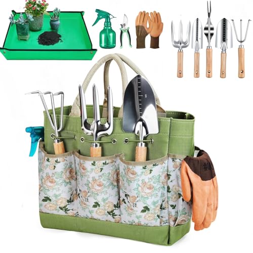 Gardening Tools 10-Piece Heavy Duty Gardening Hand Tools with Fashion and Durable Garden Tools Organizer Handbag,Rust-Proof Garden Tool Set, Ideal Gardening Gifts for Women
