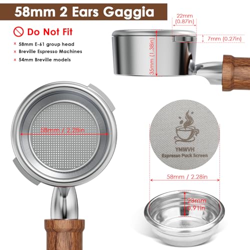 Image of 58 mm Bottomless Portafilter with 2 Ears, Not Suitable with E61 Group Heads, YMWVH Portafilter 58 mm Compatible with Gaggia Espresso Machines, with Puck Screen & Portafilter Filter Baske, Walnut