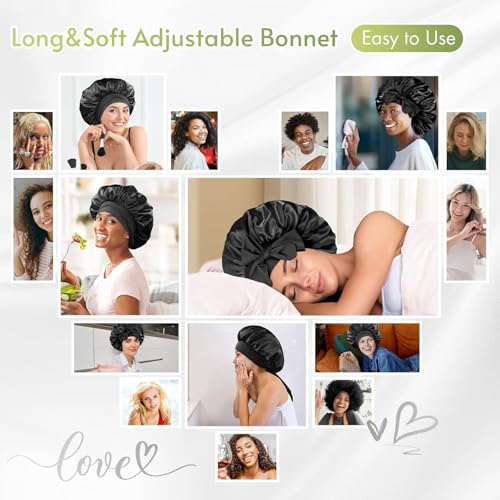 Image of Silk Bonnet for Hair with 3 Scrunchies, Adjustable Hair Cap for Sleeping, Bonnet for Curly Hair with Wide Elastic Tie Band