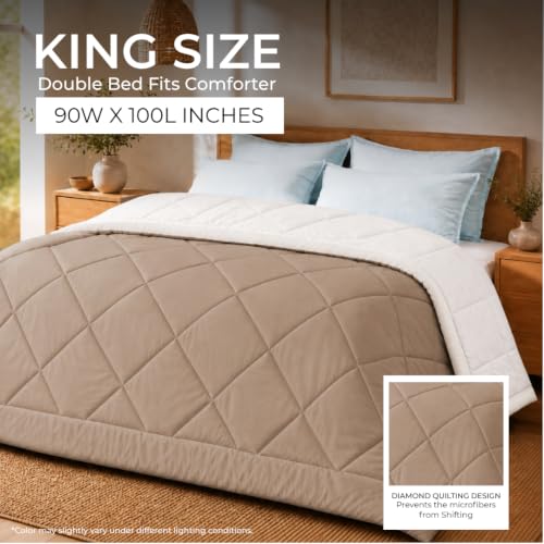 Image of King Size Comforter for Double Bed, 220 GSM Soft Microfiber AC Comforter, All Season Lightweight Reversible Blanket Bed Quilt, Premium Bedding, 90 x 100 Inch, Cream-Light Brown