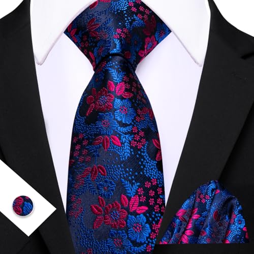 Image of Barry.Wang Men Tie Set Floral Paisley Silk Necktie Pocket Square Cufflinks Formal Wedding Party Business
