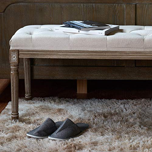Vonluce Extra-Long French Vintage Bench With Padded Seat & Rubberwood Legs, 47" Upholstered Entryway Bench & Dining Bench, Tufted Fabric End Of Bed Bench For Bedroom Living Room Hallway More, Beige #TOP6