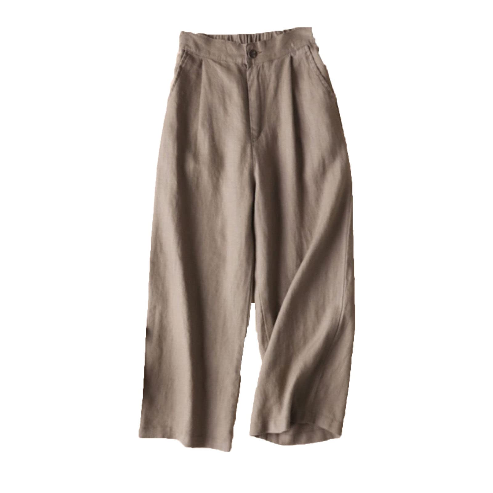 Maiyifu-GJ Women's Linen Cropped Wide Leg Pants High Waisted Button Down Long Trousers Stretch Straight Summer Casual Pant (Brown,Medium)