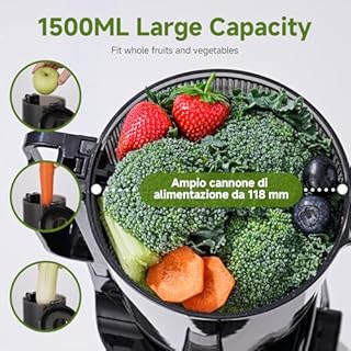 AMZCHEF Estrattore di Succo Lento 118mm Scivolo Largo – Silenzioso, Filtro Doppio, Funzione Inversa – Estrattore Frutta e Verdura Facile da Pulire