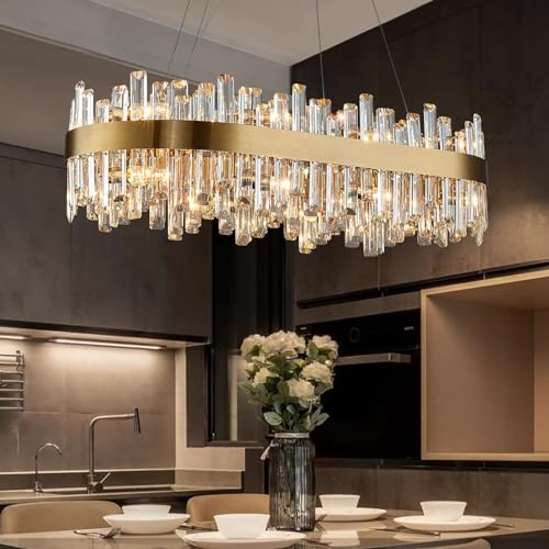 Siljoy Rectangle Gold Crystal Chandelier, 16-Light Modern Dimmable K9 Crystal Raindrop Chandelier, Adjustable Height Oval Crystal Pendant Ceiling Light for Living Dining Room Kitchen L35.4'' by Siljoy - Used condition - US$376.21