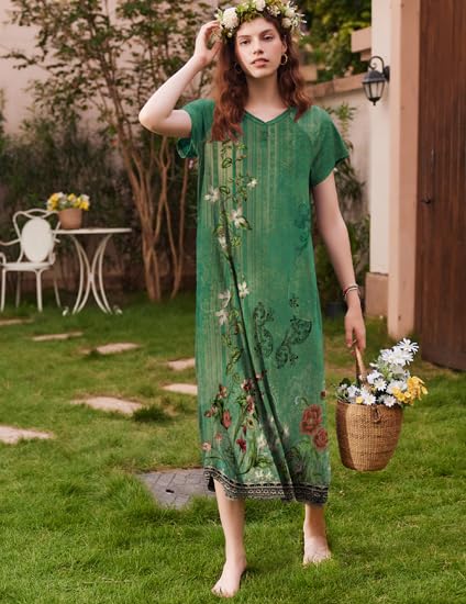 Image of Ekouaer Long Nightgown Women's Loungewear Short Sleeve Sleepwear Full Length Sleep Shirt with Pockets