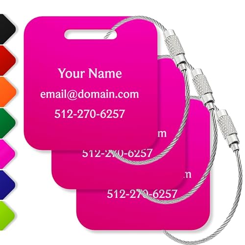 Custom Luggage Tags (3 or 6 Pack) - Personalized Unique Suitcase & Backpack Travel, Durable, Waterproof & Heavy Duty (Hot Pink)