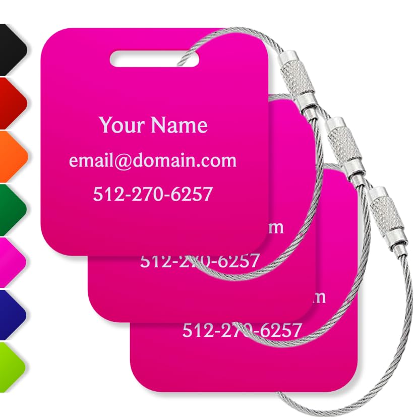 Custom Luggage Tags (3 or 6 Pack) - Personalized Unique Suitcase & Backpack Travel, Durable, Waterproof & Heavy Duty (Hot Pink)