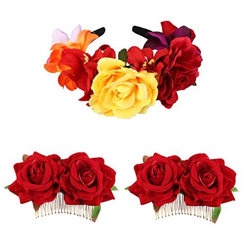 Mexican Flower Hair Clip, Kisslife Rose Flower Hair Clip Women Rose Flower Hair Accessories, The Dead Headband Costume Rose Flower Crown Mexican Headpiece Festival Wedding Hair Clip Flamenco Dancer
