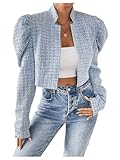 MakeMeChic Women's Plaid Tweed Puff Sleeve Cropped Jackets Mock Neck Open Front Office Outerwear Blue and White Large
