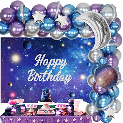 Decoración de fiesta de cumpleaños para Galaxy - Kit de arco de guirnalda con telón de fondo de feliz cumpleaños Luna Star Galaxy Foil Globos para niño o niña Cover