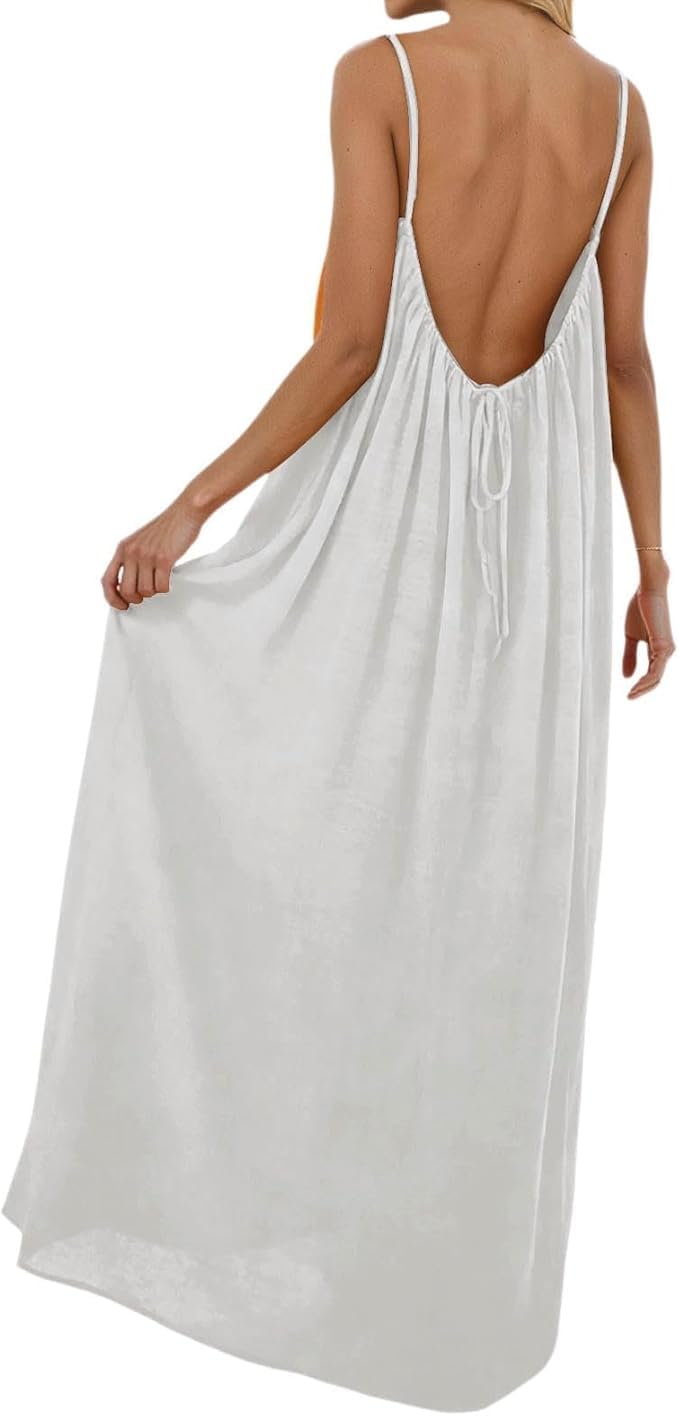 Backless Cami Dresses for Women Casual Lounge Dress Backless Solid Color Sleeveless House Dress Long Sundress with Back Tie