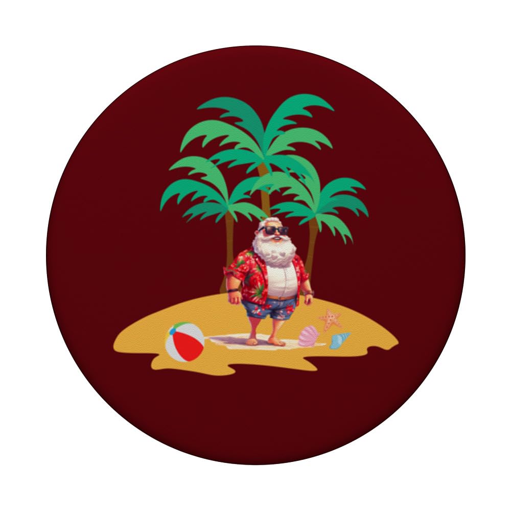 Santa Clause Christmas in July Beach Seashells Palm Trees PopSockets Swappable PopGrip, Black - Image 3
