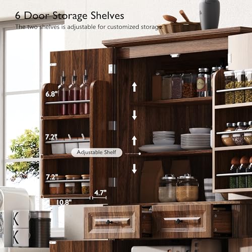 Image of Ball & Cast 71″Tall Farmhouse Kitchen Pantry Cabinet with 3 Pull Out Shelves & 2 Large Drawers,Versatile Pantry Storage Cabinet w / 6 Door Shelf & Adjustable Shelves for Kitchen,Dining Room,Walnut