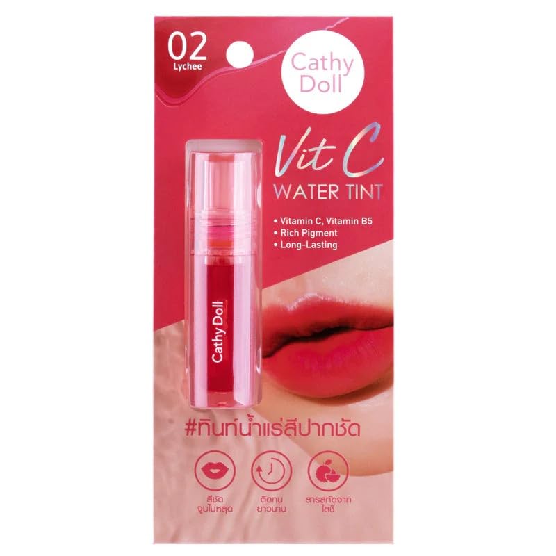 Cathy Doll Vit C Water Tint, Lychee 02, Long-Lasting Lip Stain with Vitamin C and B5