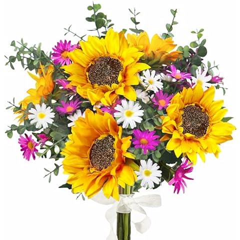 Aoztio Sunflowers Artificial Flowers Bouquet, Fall Flowers Artificial for Decoration, Silk Flower Arrangements, Fake Sunflowers for Wedding Floral Arrangement Farmhouse Decor Cemetery Flowers -Yellow Cover