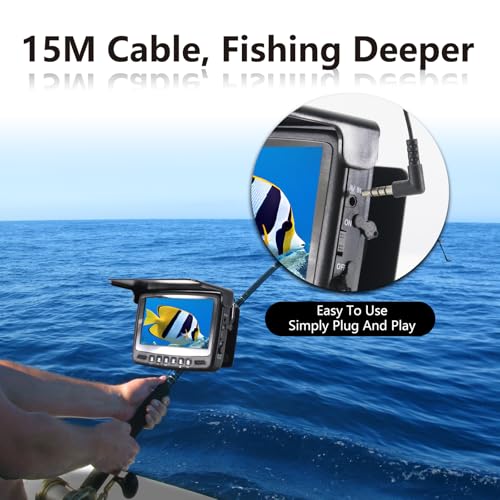 Image of Underwater Fishing Camera, 1000TVL Portable Fish Finder with 4.3 inch HD Monitor, 8 Infrared Night Vision Lights, 50ft Cable for Lake Boat Kayak Ice Fishing