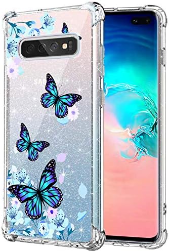 KIOMY Clear Glitter Case for Samsung Galaxy S10 Plus, Girls Women Bling Sparkly Shiny Luxury Cases with Flowers Butterfly Design Shockproof Bumper Protective Cell Phone Back Cover Slim Fit Flexible
