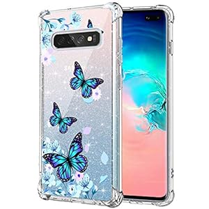 KIOMY Clear Glitter Case for Samsung Galaxy S10 Plus, Girls Women Bling Sparkly Shiny Luxury Cases with Flowers…