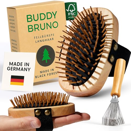 Hundebürste Unterwolle für Langhaar - 100% Naturborsten - Made in Germany - sanfte Unterfellbürste zum Entfilzen & Glätten ohne Ziepen - geölter FSC® Holzgriff + extra Bürstenreiniger