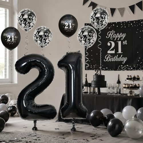 Image of 21st Birthday Balloons Black, Decorations for Him With Large Number 21 Foil Balloon, Confetti Metallic Black Latex Balloons for Her Girls Boys 21 Years Old Bday Decor