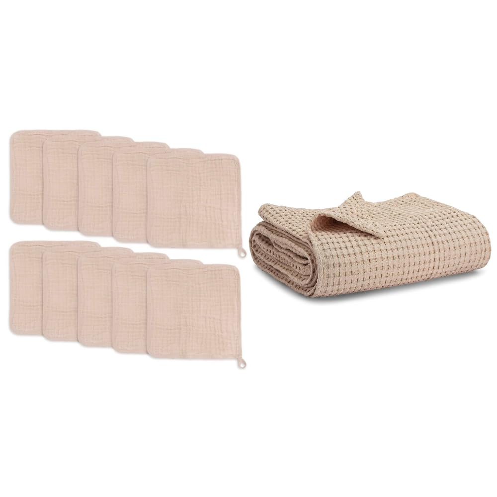 Comfy Cubs Baby Washcloths, Muslin Cotton Baby Towels and 100% Cotton Waffle Weave Blanket Bundled