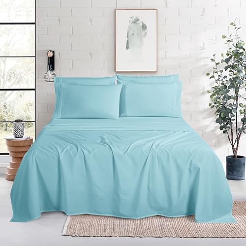 Image of Mocassi Luxury 6-Piece Sheet Set, Ultra Soft 1800 Premium Hotel Quality Microfiber Sheet Set, Fits Mattresses Up to 18 to 24 Inches Extra Deep Pocket - Breathable and Secure Fit, Full, Aqua Blue