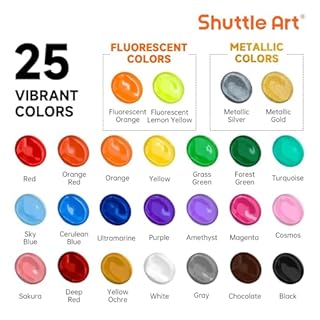 Shuttle Art Acrylic Paint, 25 Colors Acrylic Paint Set, 2oz/60ml Bottles, Rich Pigments Paint for Artists, Beginners and Kids on Canvas Rocks Wood Ceramic Fabric