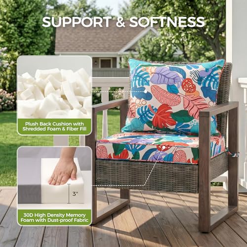 Image of UNIKOME 22 inchx22 inchx3 inch Outdoor Chair Cushions Set - Waterproof Patio Cushions for Outdoor Furniture with Removable Cover, Ties & Handle, Deep Seat Patio Cushions for Sofa Couch - Colorful Leaves