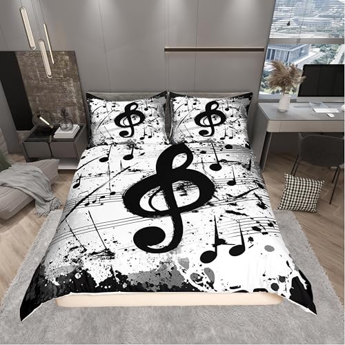 Music Notes Bedding Set Queen,Black White Comforter Cover for Boys Girls,Kids Splash Ink Art Duvet Cover Set Abstract Bedspread Cover Fashion Teens Bedroom Decor 3 Pcs Bed Collection(No Comforter)