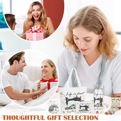 Image of VAIPI 6 Pcs Sewing Gifts for Seamstress Quilting Gifts Stuff Include 20 oz Quilting Tumbler Tote Bag Cosmetic Bag Socks Keychain Funny Gifts for Quilters Sewing Lovers, Mother's Day Gift for Mom