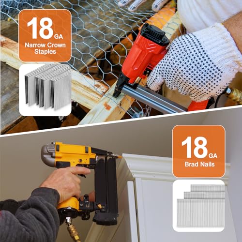 Image of PINOZE 4200-Count 18 Gauge 1 /4 inch Narrow Crown Staples (1-1 /2 inch 1-1 /4 inch 1 inch 3 /4 inch 1 /2 inch) & 18GA Brad Nails (2 inch 1 inch 5 /8 inch), Heavy Duty Galvanized Upholstery Staple for Pneumatic /Electric Stapler Gun /Brad Nailer