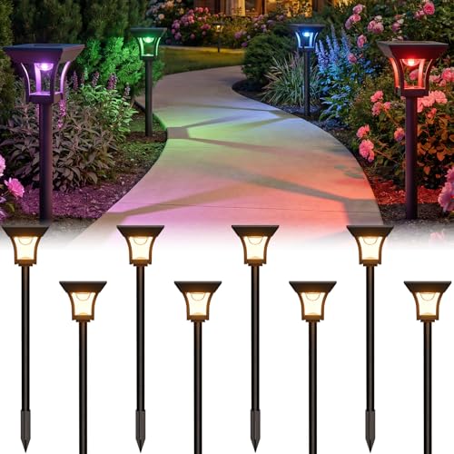 CINOTON 8 Pack RGBCW Solar Pathway Outdoor Lights, 3 Lighting Modes Solar LED Garden Lights, IP65 Waterproof Outside Solar Powered Landscape Lighting for Sidewalk Driveway Backyard RGB/Warm/Cold White