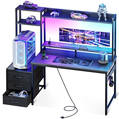 Casaottima 55 Inch Gaming Desk with Hutch & 3 Fabric Drawers, Computer Desk with USB Ports & LED Lights, Reversible Pc Gamer Table with Monitor Stand for Home Office, Carbon Fiber Black