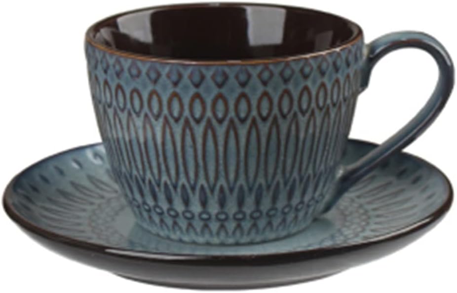 Ceramic Cup Saucers Embossed Retro Coffee Mug Cappuccino Espresso Simple And Classic Drinkware(Black)