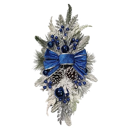 Couronne de Noël pour porte d'entrée et fenêtre avec grand nœud scintillant argenté