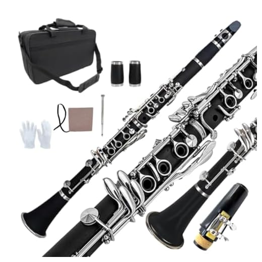 WUQIMUSC Clarinete Bb para estudiante Madera de Ebonita B Flat 17 teclas Niquelado Clarinete Principiante Set 2 Barriles con Guantes de Paño de Limpieza Instrumento