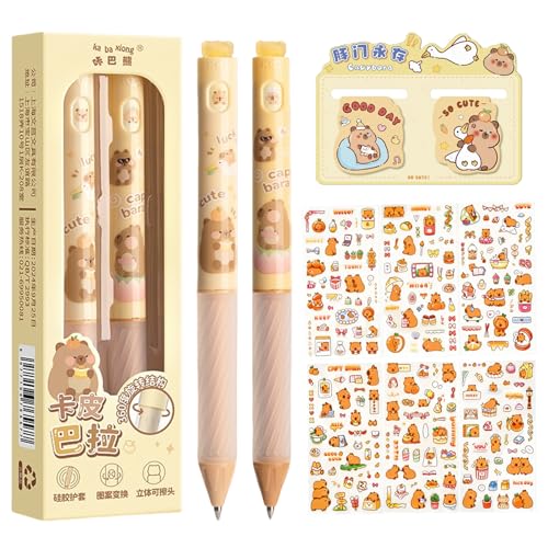 Hyleara Capybara Stifte Set, 2 Stk Radierbarer Kugelschreiber mit 6 Aufklebern und 2 Magnetisches Lesezeichen, Capybara Sachen, Radierbare Stifte für Schule, Büro, Capybara-mitgebsel(Blau)
