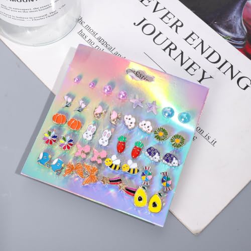 Image of NEWITIN 100 Pairs Colorful Cute Earrings for Girls Sensitive Ears Hypoallergenic Girl Stud Earrings Set Stainless Steel Cartoon Stud for Girls and Women