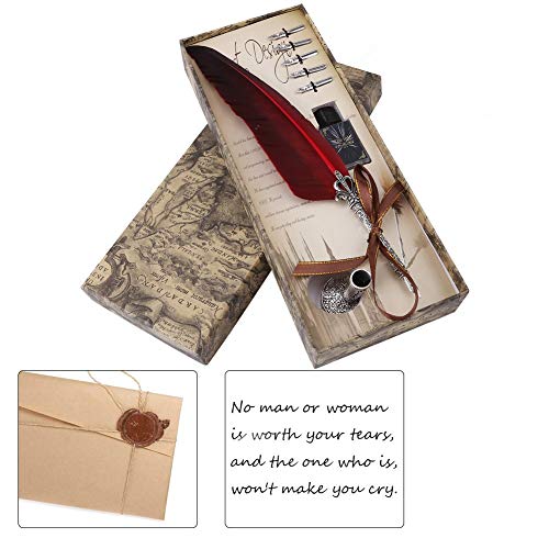 Feather Pen, Quill Pen Antique Dip Pen Set - Acogedor Calligraphy Feather Dip Quill Pen Set - Writing Quill Ink Dip Pen With 5 Replacement Nibs And Pen Nib Base, For Stationery Gift (Red) #TOP5