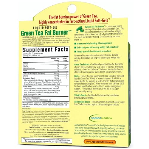 Applied Nutrition Green Tea Fat Burner - 30 Liquid Soft-Gels, Pack of 3 - Increases Calorie Burning & Supplies Powerful Antioxidants - 45 Total Servings